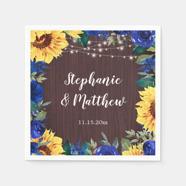 Sunflower Blue Rose Rustic Wedding Paper Napkin (Front)