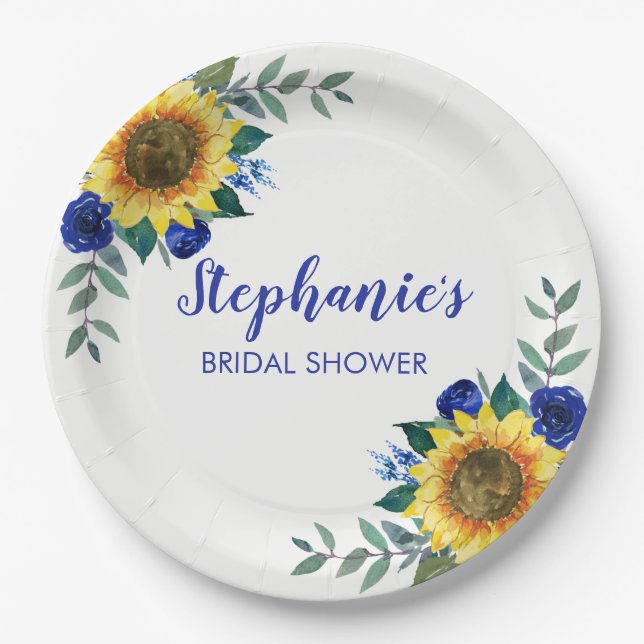 Sunflower Blue Roses Floral Bridal Shower Paper Plates (Front)