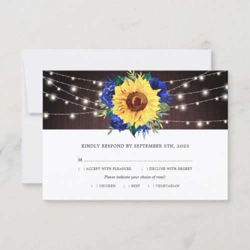 Sunflower Blue Roses Lights Wood Wedding Meal RSVP Card