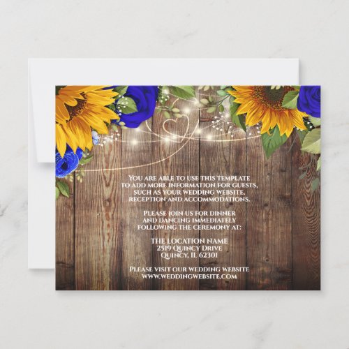 Sunflower Blue Roses Rustic Wedding Details Card