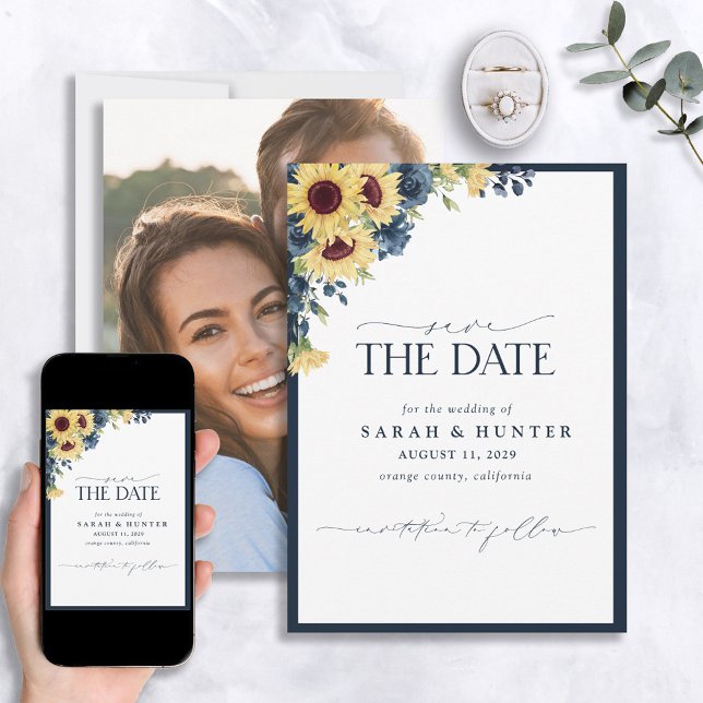Sunflower Blue Script Floral Wedding Save The Date (Creator Uploaded)