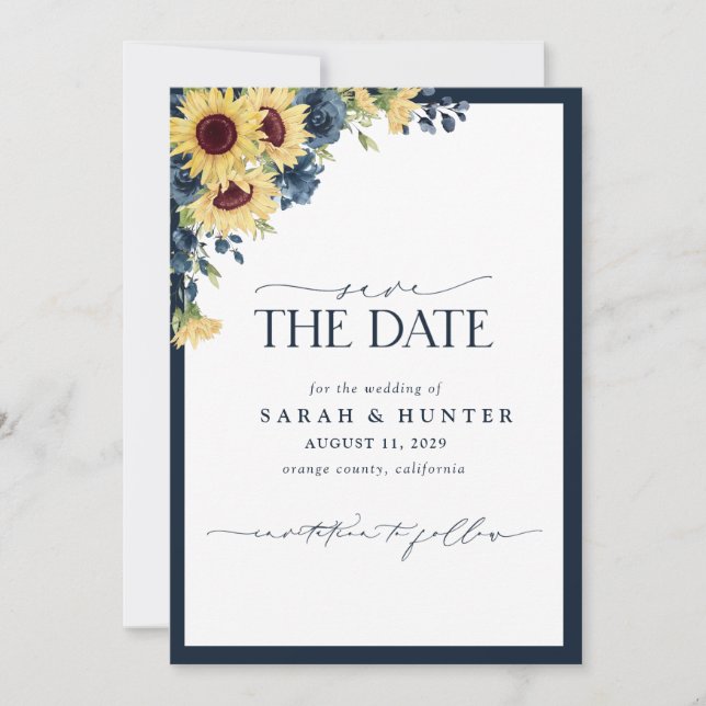 Sunflower Blue Script Photo Wedding Save The Date (Front)