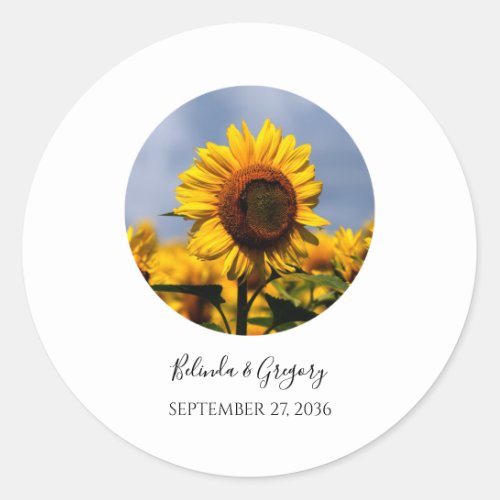 Sunflower Blue Sky Rustic Wedding Classic Round Sticker
