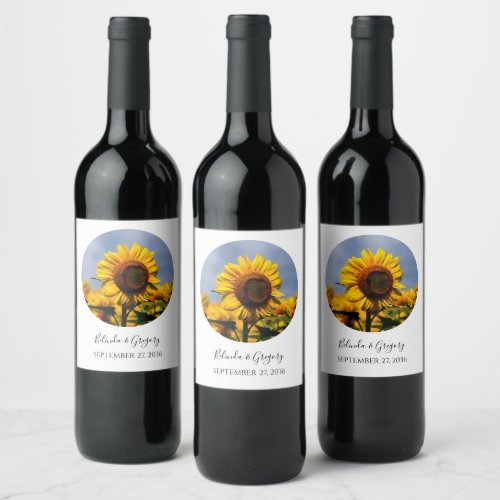 Sunflower Blue Sky Rustic Wedding Wine Label