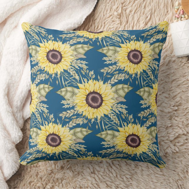 Sunflower Blue Throw Pillow (Blanket)