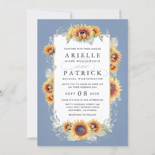 Sunflower Blue Watercolor Rustic Themed Wedding Invitation