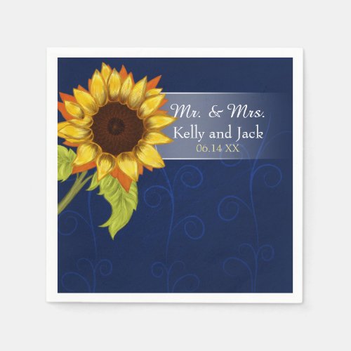 Sunflower  Blue wedding cocktail napkin