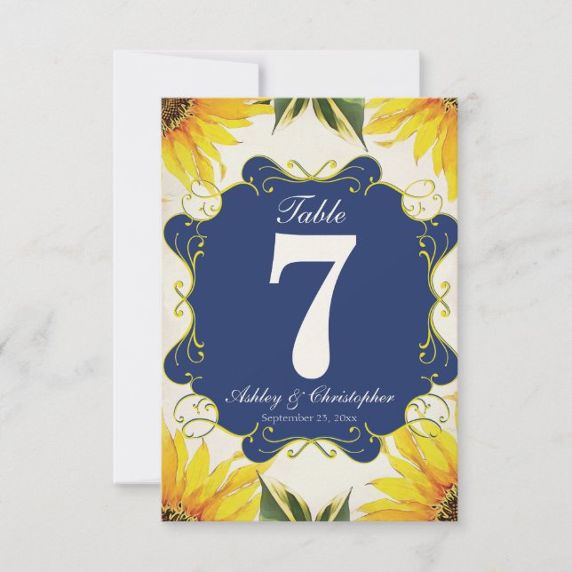 Sunflower & Blue Wedding Reception Table Number (Front)
