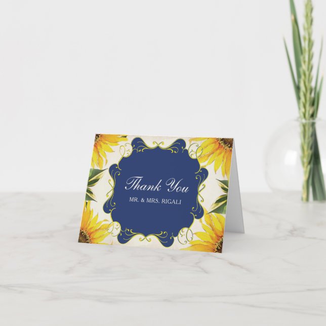 Sunflower & Blue Wedding Thank You Card (Front)