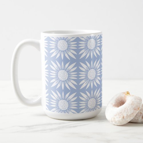 Sunflower Blue White Floral Tile Pattern Coffee Mug