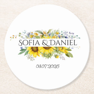 Sunflower blue wildflower wedding white round paper coaster