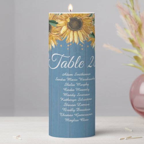 Sunflower Blue Wood Wedding Reception Table Number Pillar Candle