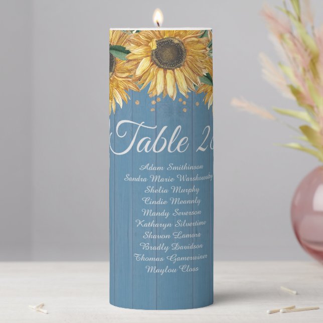 Sunflower Blue Wood Wedding Reception Table Number Pillar Candle (In Situ)