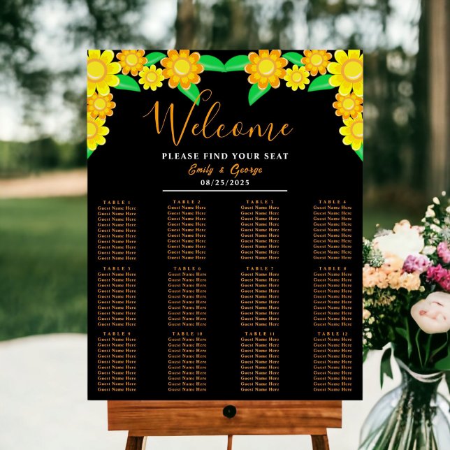 Sunflower Boho Black Floral Wedding Seating Chart Foam Board (Creator Uploaded)