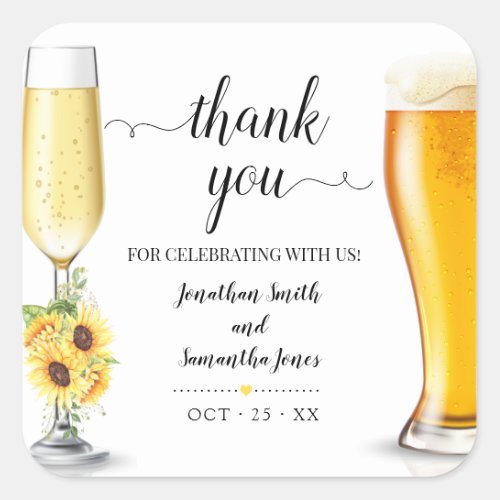 Sunflower boho bubbles and brews Thank you wedding Square Sticker