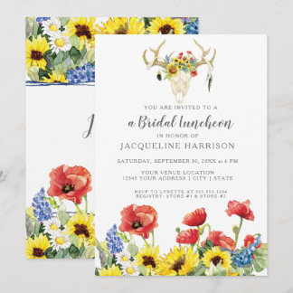 Sunflower BOHO Deer Skull Antlers Bridal Luncheon Invitation