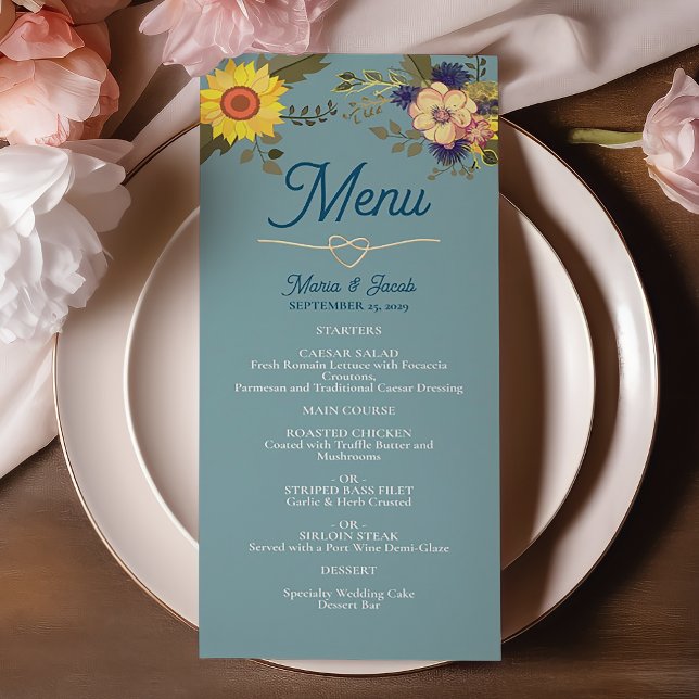 Sunflower Boho Dusty Blue Wedding Menu (Creator Uploaded)
