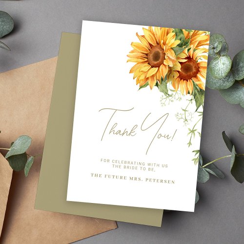 Sunflower boho elegant script bridal shower thank you card