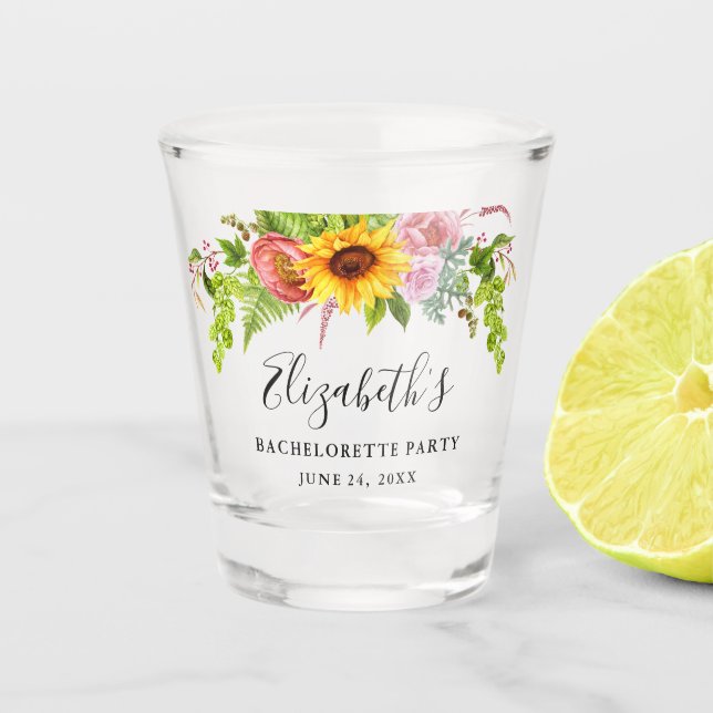 Sunflower Boho Floral Bachelorette Party Shot Glass (Front)