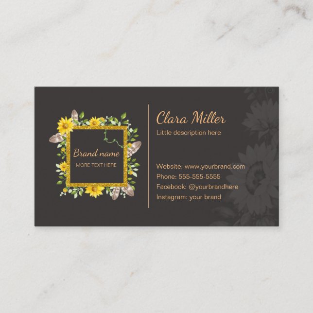 Sunflower boho floral business card watercolor (Front)