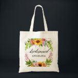 Sunflower Boho Floral Calligraphy Bridesmaid Tote Bag<br><div class="desc">Modern Calligraphy Script,  Watercolor Sunflower Boho Floral with Roses,  Peonies and Greenery Wedding Bridesmaid Tote Bag</div>