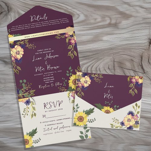 Sunflower Boho Floral Purple Wedding All In One Invitation