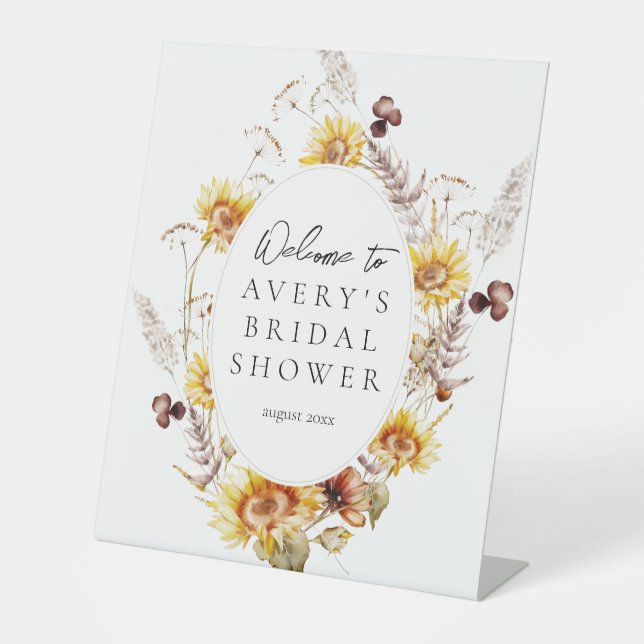 Sunflower Boho Wildflower Modern Bridal Welcome Pedestal Sign (Front)
