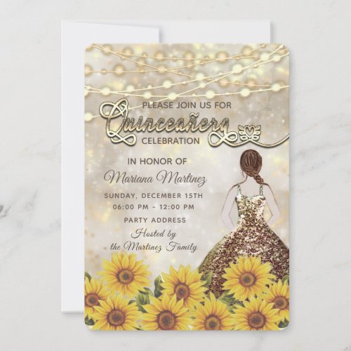 Sunflower bokeh String lights glitter dress Invitation