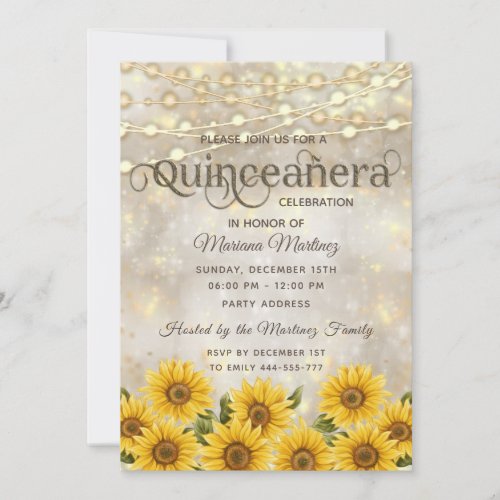 Sunflower bokeh String lights gold sparkle  Invitation