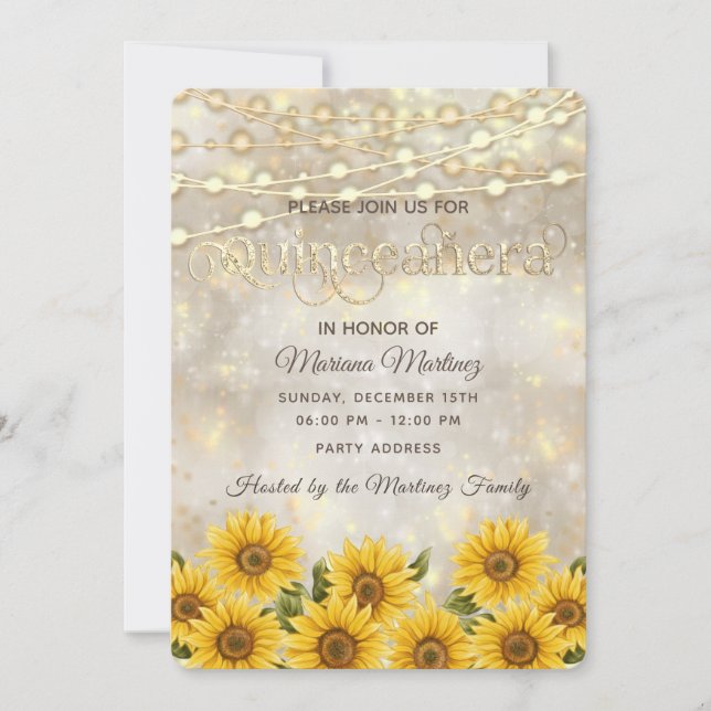 Sunflower bokeh String lights gold sparkle  Invitation (Front)