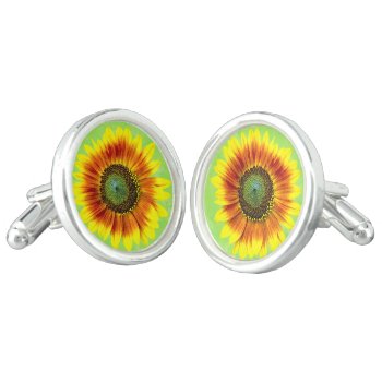 Sunflower Bold Floral Yellow And Green Flower Cufflinks by FancyCelebration at Zazzle
