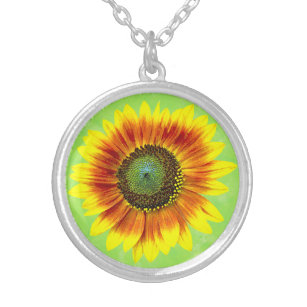 Sunflower Bold Floral Yellow and Green Flower Silver Plated Necklace