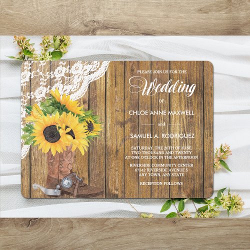 Sunflower Boot White Lace Wood Wedding Invitation