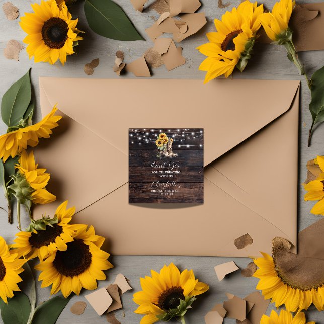 Sunflower Boots Bubbly Bridal Shower Invitation Square Sticker (Boots & Bubbly thank you sticker )