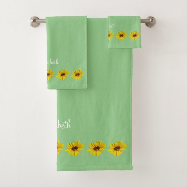 Sunflower Border on Green with Name Bath Towel Set (Insitu)