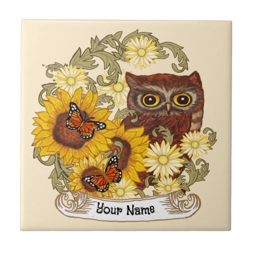 Sunflower Border Owl custom name tile