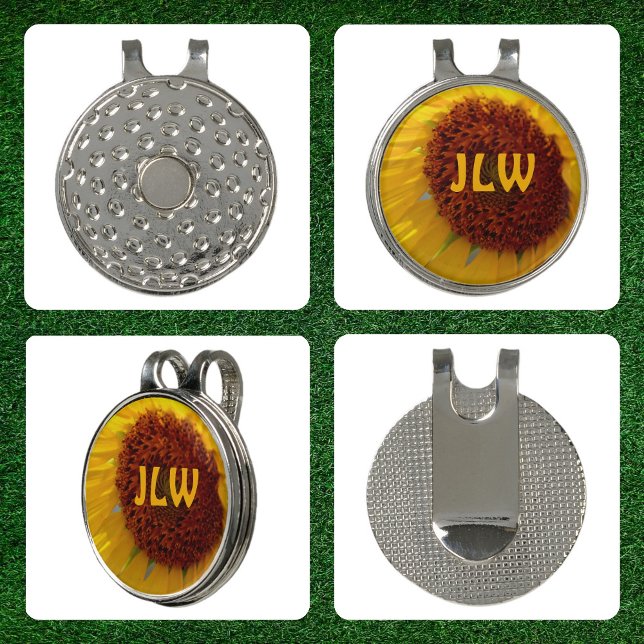 Sunflower Botanical Floral Personalized Initials Golf Hat Clip (Creator Uploaded)