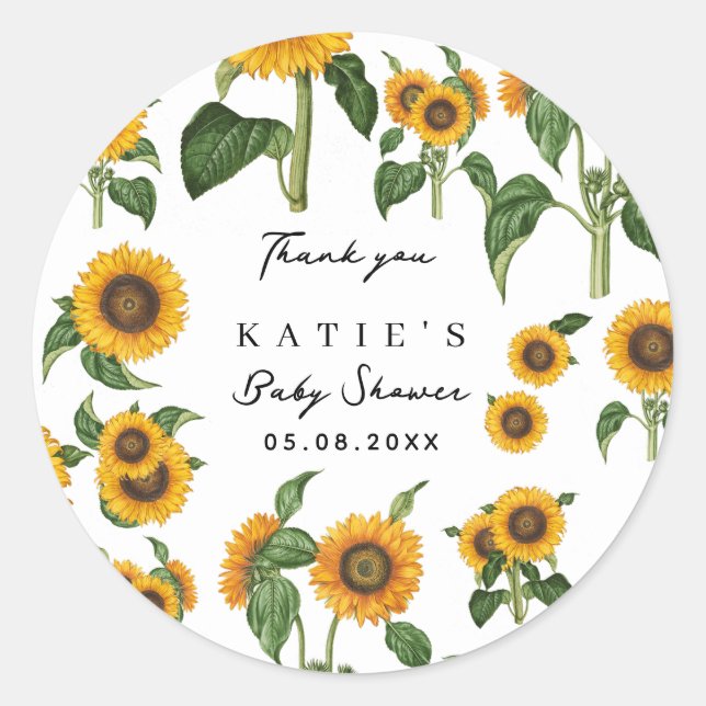 Sunflower Botanical Foliage Baby Shower Favor Classic Round Sticker (Front)
