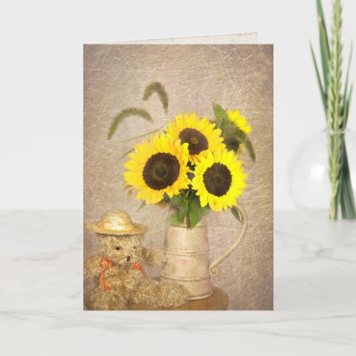 Sunflower bouquet and teddy bear thinking of you card