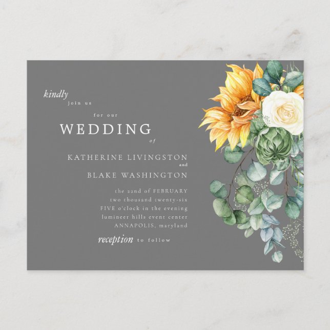 Sunflower Bouquet Grey Budget Wedding Invitation Postcard (Front)