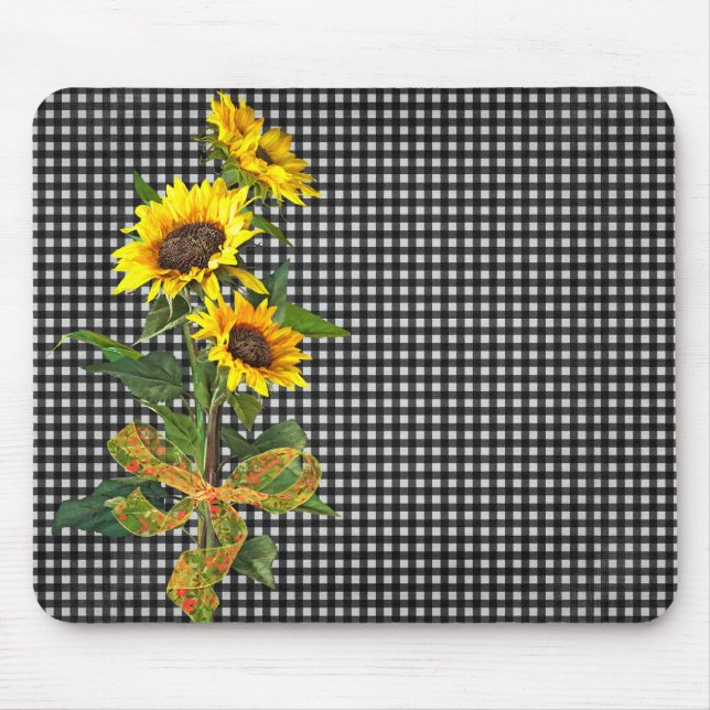 Sunflower Bouquet on Black Gingham Mouse Pad (Front)