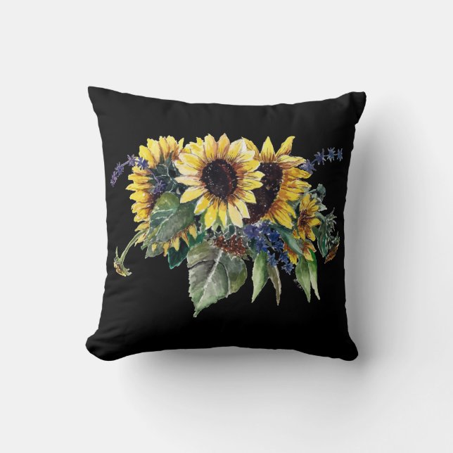 Sunflower Bouquet on Black Throw Pillow (Front)