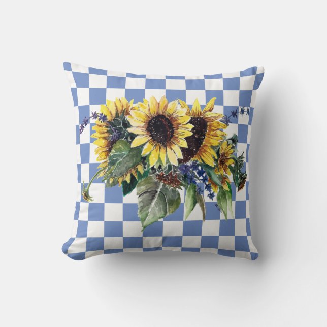 Sunflower Bouquet on Blue Checks Throw Pillow (Front)