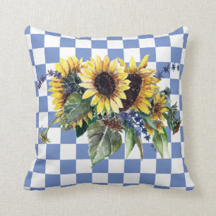 Sunflower Bouquet on Blue Checks Throw Pillow