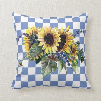 Sunflower Bouquet On Blue Checks Throw Pillow by Eclectic_Ramblings at Zazzle