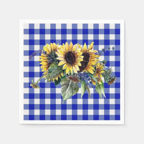 Sunflower Bouquet on Blue Gingham Paper Napkins