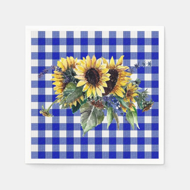 Sunflower Bouquet on Blue Gingham Paper Napkins (Front)