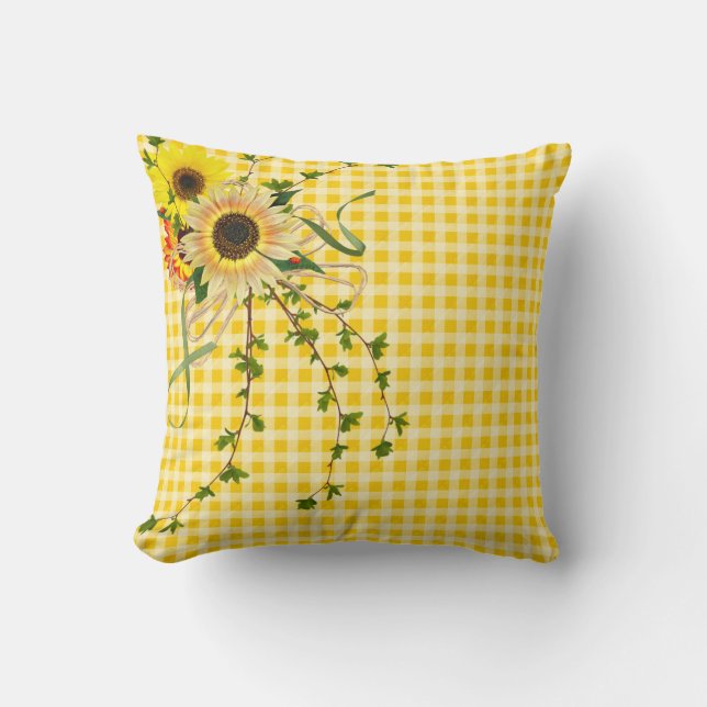 sunflower bouquet on gingham throw pillow (Front)