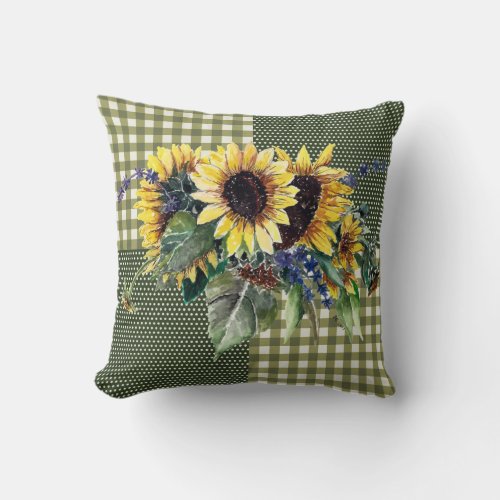 Sunflower Bouquet on Green Gingham Pattern Throw Pillow