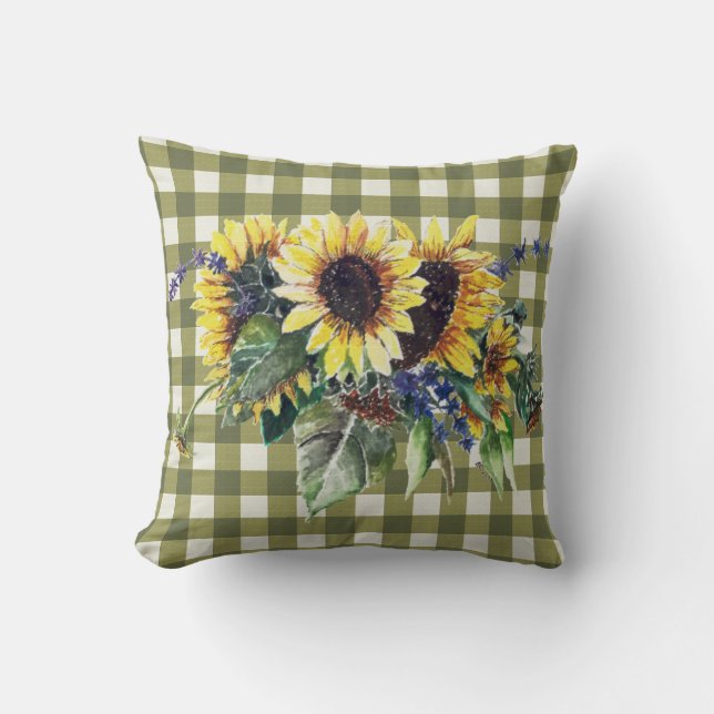 Sunflower Bouquet on Green Gingham Throw Pillow (Front)
